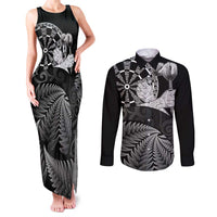 Personalised New Zealand Aotearoa Darts Masters Couples Matching Tank Maxi Dress and Long Sleeve Button Shirt Silver Fern and Maori Spirit LT03 Black - Polynesian Pride
