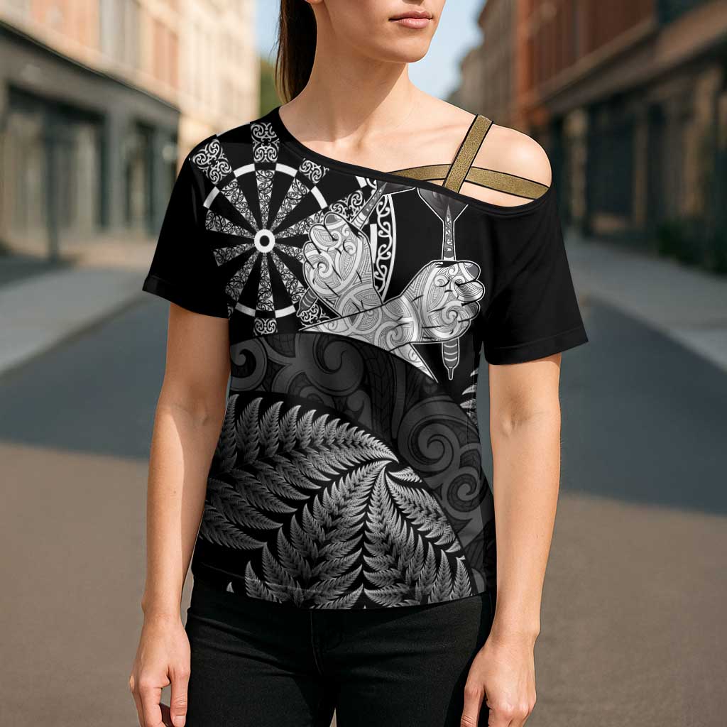 Personalised New Zealand Aotearoa Darts Masters Cross Shoulder Shirt Silver Fern and Maori Spirit LT03 - Polynesian Pride
