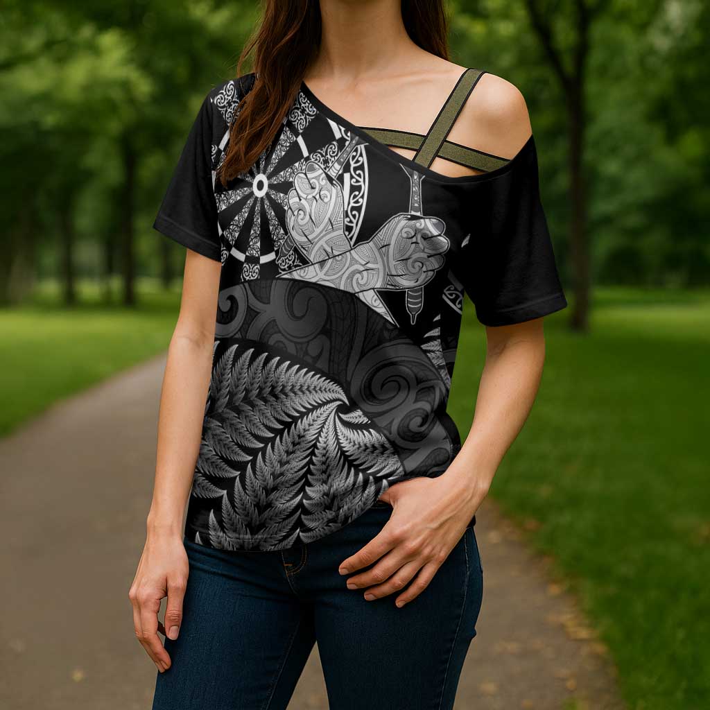 Personalised New Zealand Aotearoa Darts Masters Cross Shoulder Shirt Silver Fern and Maori Spirit LT03 - Polynesian Pride