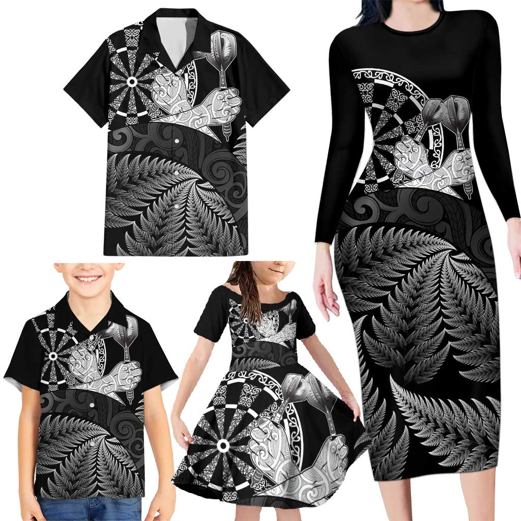 Personalised New Zealand Aotearoa Darts Masters Family Matching Long Sleeve Bodycon Dress and Hawaiian Shirt Silver Fern and Maori Spirit LT03 - Polynesian Pride