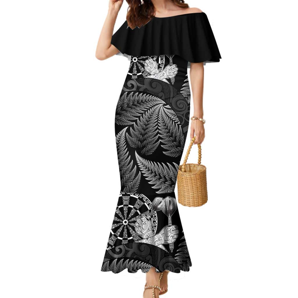 Personalised New Zealand Aotearoa Darts Masters Family Matching Mermaid Dress and Hawaiian Shirt Silver Fern and Maori Spirit LT03 Mom's Dress Black - Polynesian Pride