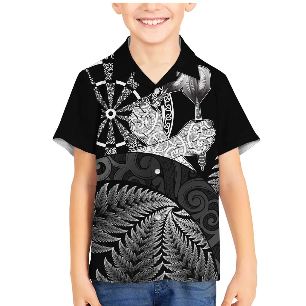 Personalised New Zealand Aotearoa Darts Masters Family Matching Mermaid Dress and Hawaiian Shirt Silver Fern and Maori Spirit LT03 Son's Shirt Black - Polynesian Pride