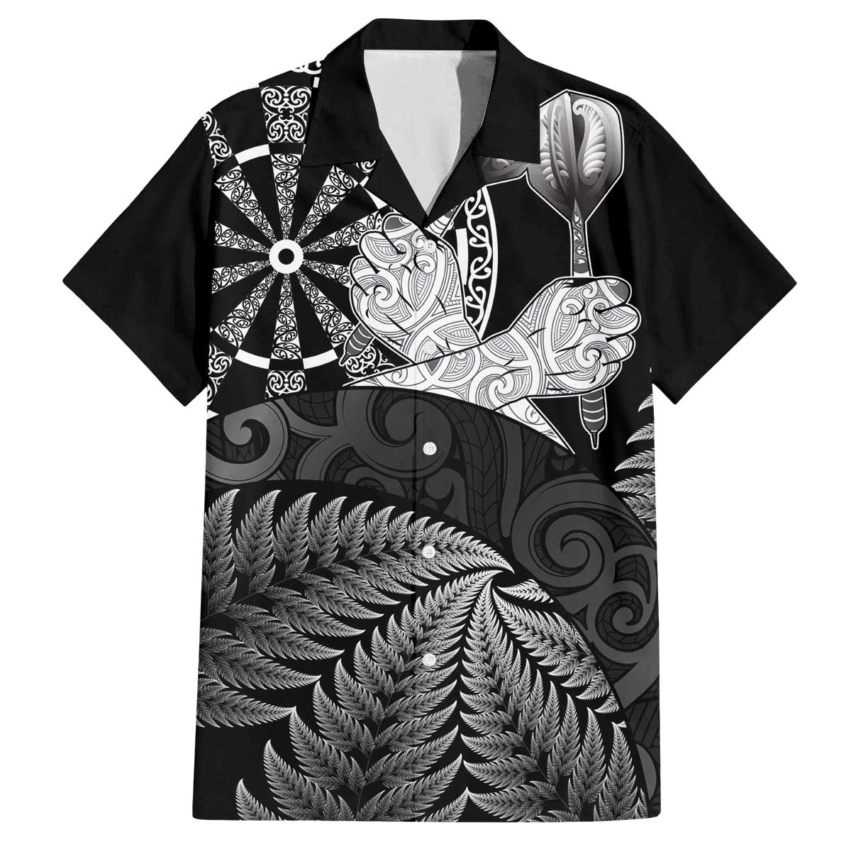Personalised New Zealand Aotearoa Darts Masters Family Matching Off The Shoulder Long Sleeve Dress and Hawaiian Shirt Silver Fern and Maori Spirit LT03 Dad's Shirt - Short Sleeve Black - Polynesian Pride