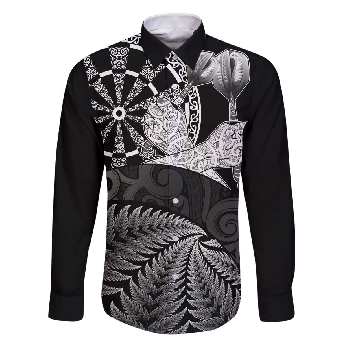 Personalised New Zealand Aotearoa Darts Masters Family Matching Off The Shoulder Long Sleeve Dress and Hawaiian Shirt Silver Fern and Maori Spirit LT03 Dad's Shirt - Long Sleeve Black - Polynesian Pride
