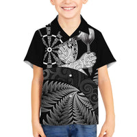 Personalised New Zealand Aotearoa Darts Masters Family Matching Off The Shoulder Long Sleeve Dress and Hawaiian Shirt Silver Fern and Maori Spirit LT03 Son's Shirt Black - Polynesian Pride