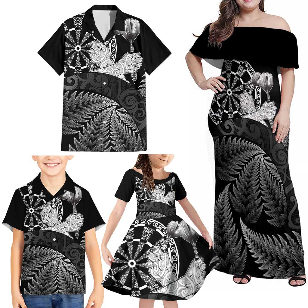 Personalised New Zealand Aotearoa Darts Masters Family Matching Off Shoulder Maxi Dress and Hawaiian Shirt Silver Fern and Maori Spirit LT03 - Polynesian Pride