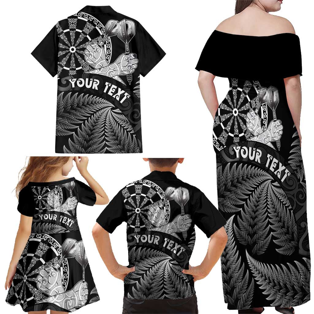 Personalised New Zealand Aotearoa Darts Masters Family Matching Off Shoulder Maxi Dress and Hawaiian Shirt Silver Fern and Maori Spirit LT03 - Polynesian Pride