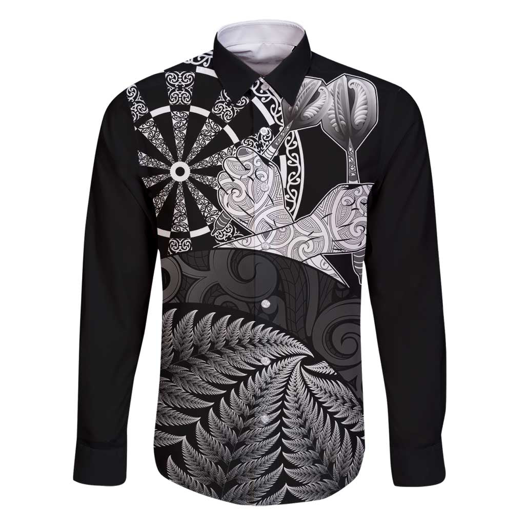 Personalised New Zealand Aotearoa Darts Masters Family Matching Off Shoulder Maxi Dress and Hawaiian Shirt Silver Fern and Maori Spirit LT03 Dad's Shirt - Long Sleeve Black - Polynesian Pride