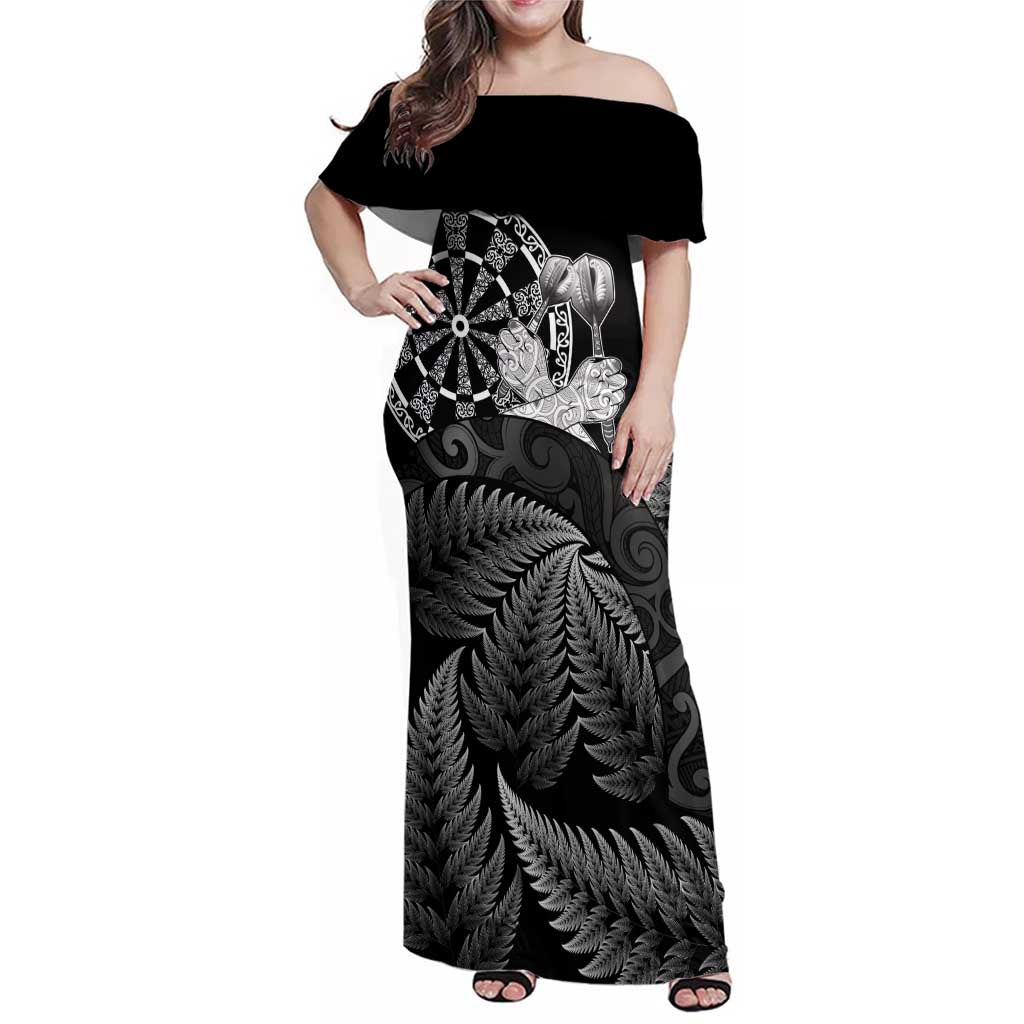Personalised New Zealand Aotearoa Darts Masters Family Matching Off Shoulder Maxi Dress and Hawaiian Shirt Silver Fern and Maori Spirit LT03 Mom's Dress Black - Polynesian Pride