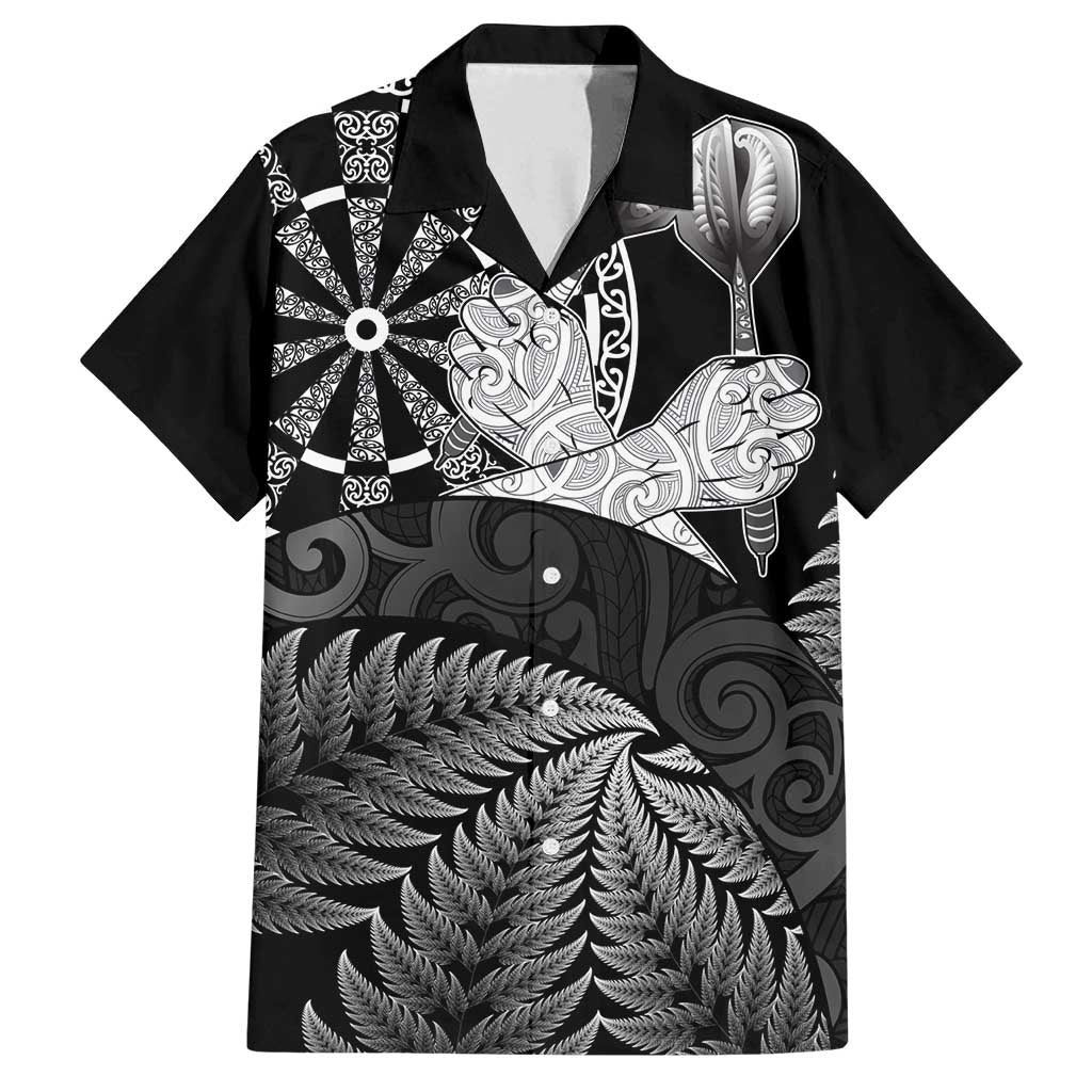 Personalised New Zealand Aotearoa Darts Masters Family Matching Off Shoulder Short Dress and Hawaiian Shirt Silver Fern and Maori Spirit LT03 Dad's Shirt - Short Sleeve Black - Polynesian Pride