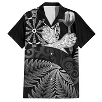 Personalised New Zealand Aotearoa Darts Masters Family Matching Puletasi and Hawaiian Shirt Silver Fern and Maori Spirit LT03 Dad's Shirt - Short Sleeve Black - Polynesian Pride