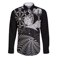 Personalised New Zealand Aotearoa Darts Masters Family Matching Puletasi and Hawaiian Shirt Silver Fern and Maori Spirit LT03 Dad's Shirt - Long Sleeve Black - Polynesian Pride
