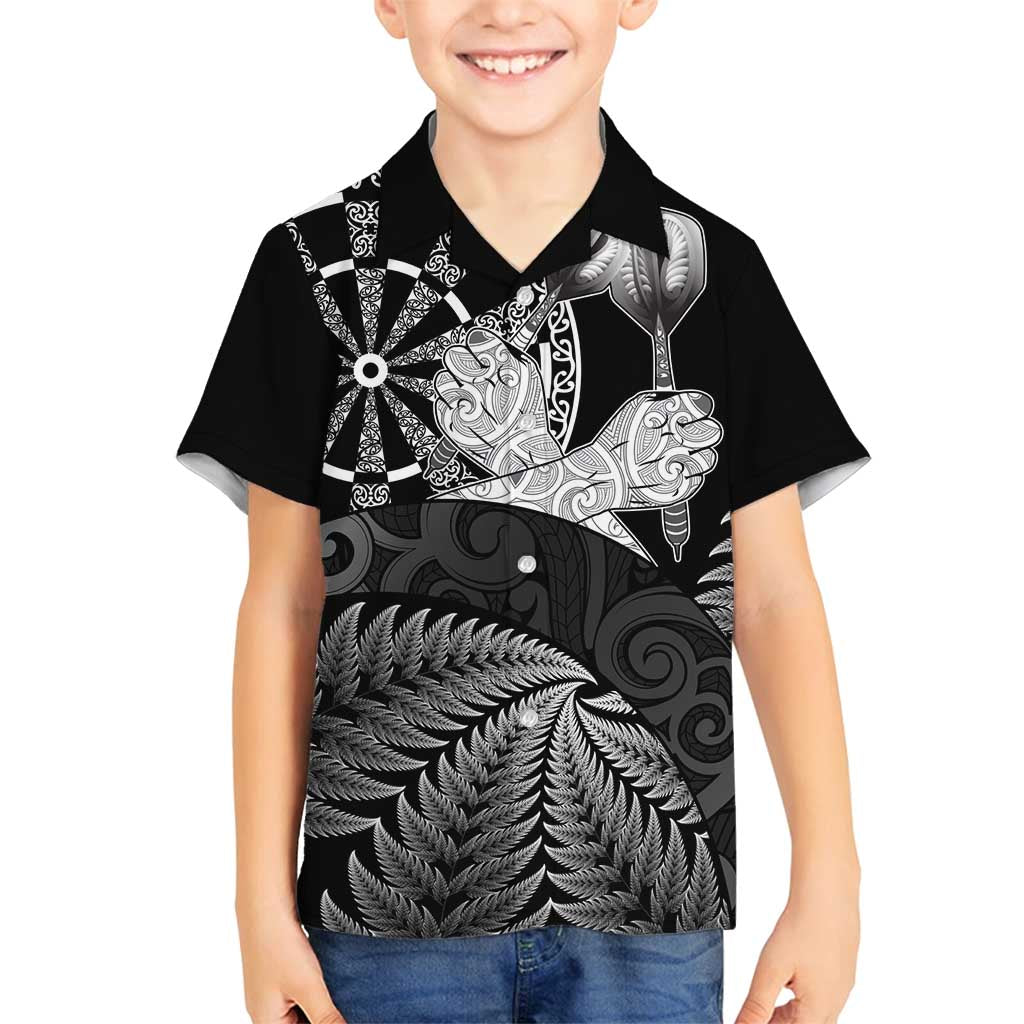 Personalised New Zealand Aotearoa Darts Masters Family Matching Puletasi and Hawaiian Shirt Silver Fern and Maori Spirit LT03 Son's Shirt Black - Polynesian Pride