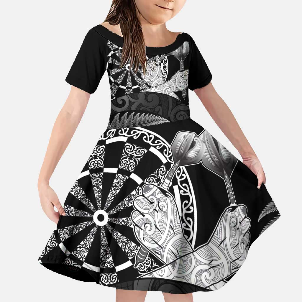 Personalised New Zealand Aotearoa Darts Masters Family Matching Short Sleeve Bodycon Dress and Hawaiian Shirt Silver Fern and Maori Spirit LT03 Daughter's Dress Black - Polynesian Pride