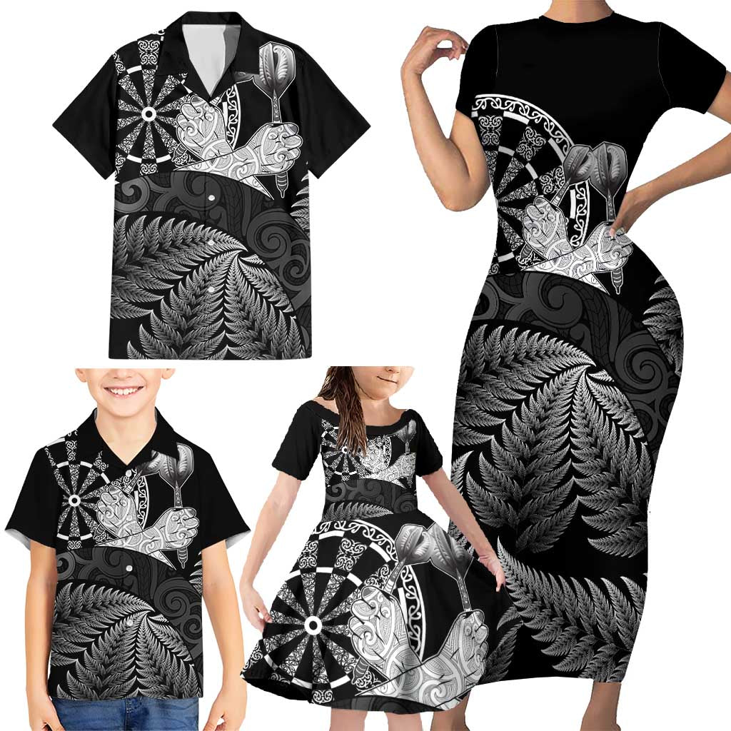 Personalised New Zealand Aotearoa Darts Masters Family Matching Short Sleeve Bodycon Dress and Hawaiian Shirt Silver Fern and Maori Spirit LT03 - Polynesian Pride