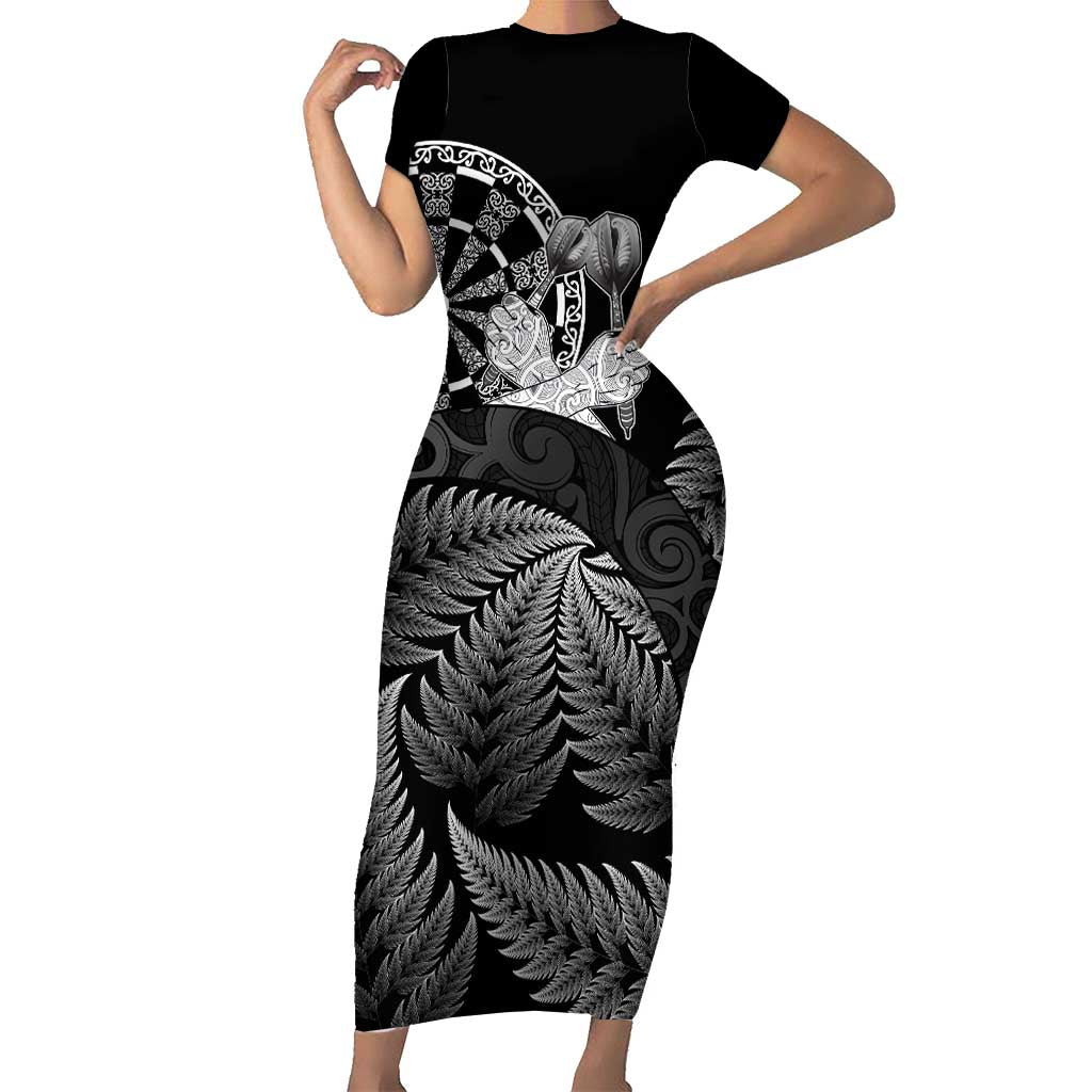 Personalised New Zealand Aotearoa Darts Masters Family Matching Short Sleeve Bodycon Dress and Hawaiian Shirt Silver Fern and Maori Spirit LT03 Mom's Dress Black - Polynesian Pride