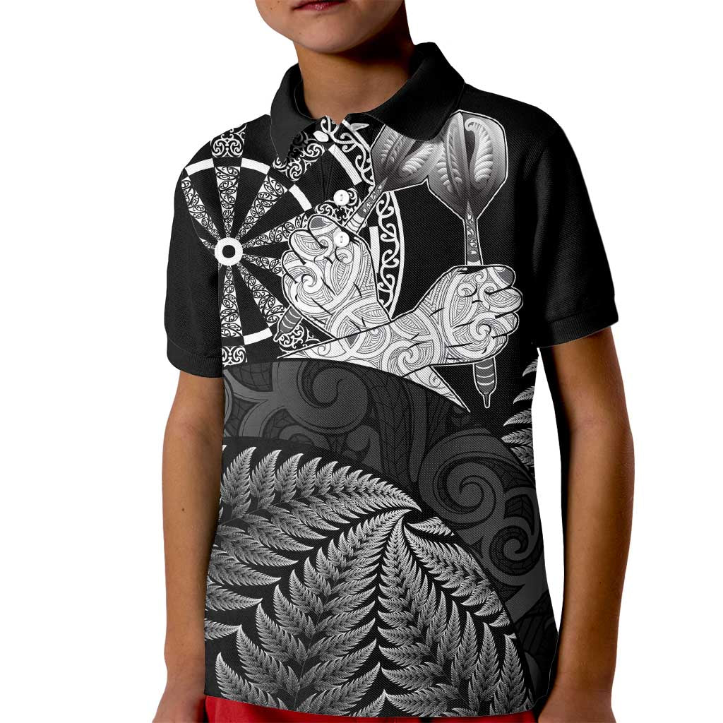Personalised New Zealand Aotearoa Darts Masters Kid Polo Shirt Silver Fern and Maori Spirit LT03 Kid Black - Polynesian Pride