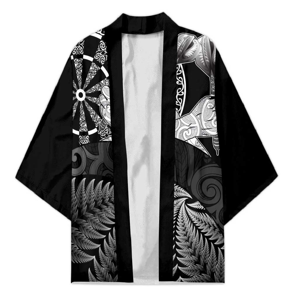 Personalised New Zealand Aotearoa Darts Masters Kimono Silver Fern and Maori Spirit LT03 Unisex Black - Polynesian Pride