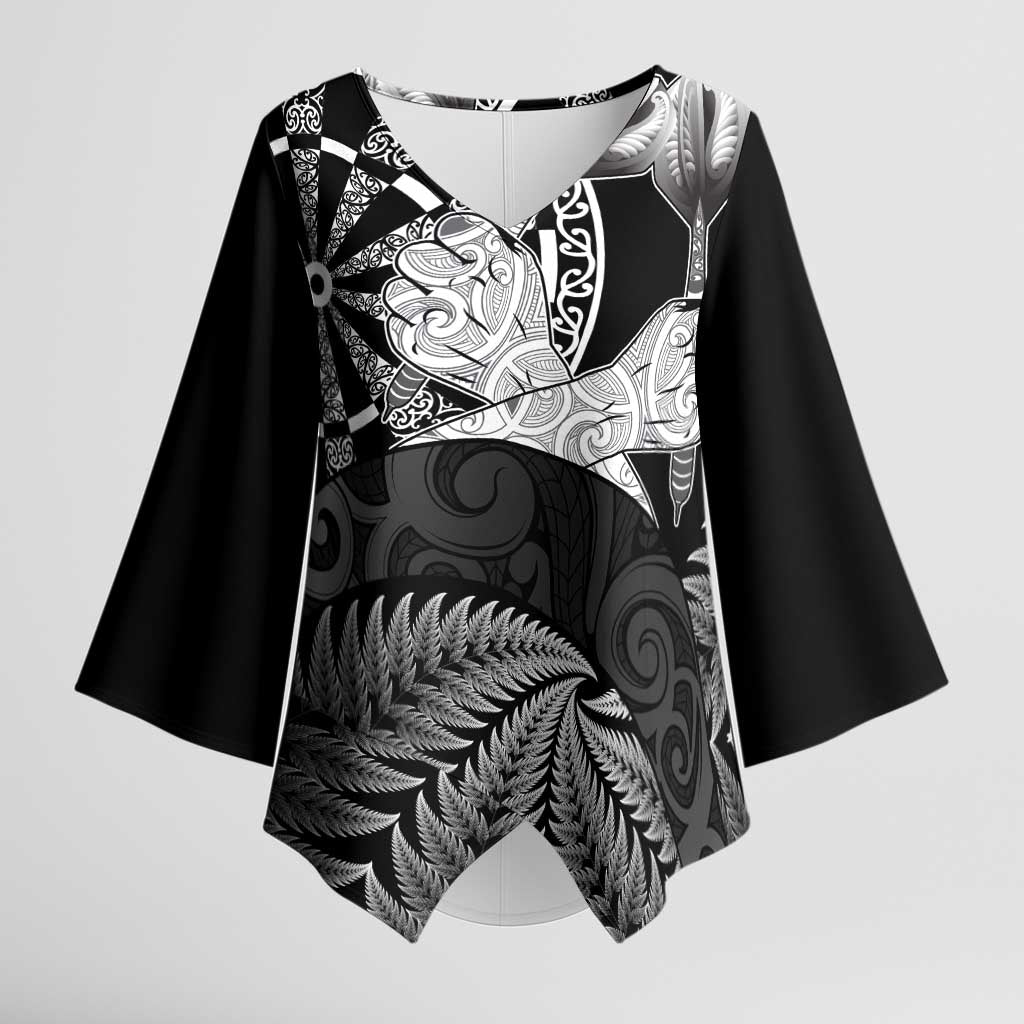 Personalised New Zealand Aotearoa Darts Masters Kimono Sleeve Blouse Silver Fern and Maori Spirit LT03 Female Black - Polynesian Pride