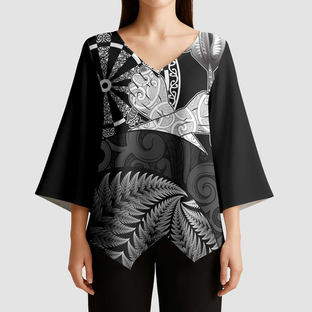 Personalised New Zealand Aotearoa Darts Masters Kimono Sleeve Blouse Silver Fern and Maori Spirit LT03 - Polynesian Pride