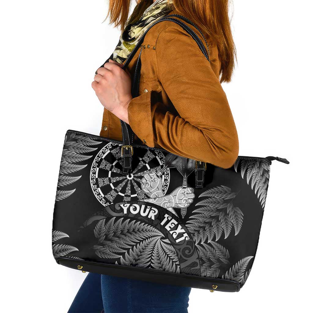 Personalised New Zealand Aotearoa Darts Masters Leather Tote Bag Silver Fern and Maori Spirit LT03 Black - Polynesian Pride