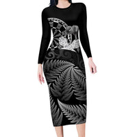 Personalised New Zealand Aotearoa Darts Masters Long Sleeve Bodycon Dress Silver Fern and Maori Spirit LT03 Long Dress Black - Polynesian Pride
