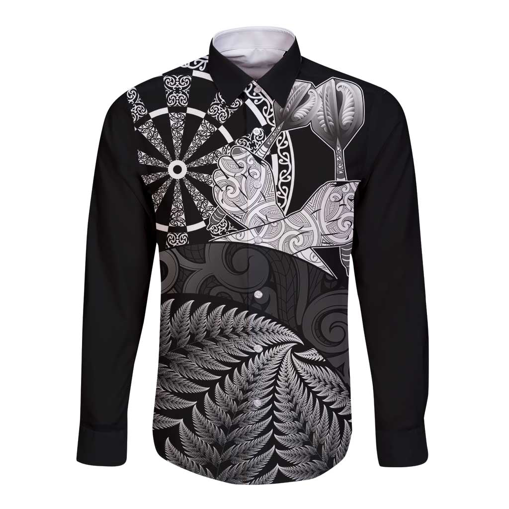 Personalised New Zealand Aotearoa Darts Masters Long Sleeve Button Shirt Silver Fern and Maori Spirit LT03 Unisex Black - Polynesian Pride