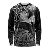 Personalised New Zealand Aotearoa Darts Masters Long Sleeve Shirt Silver Fern and Maori Spirit LT03 Unisex Black - Polynesian Pride