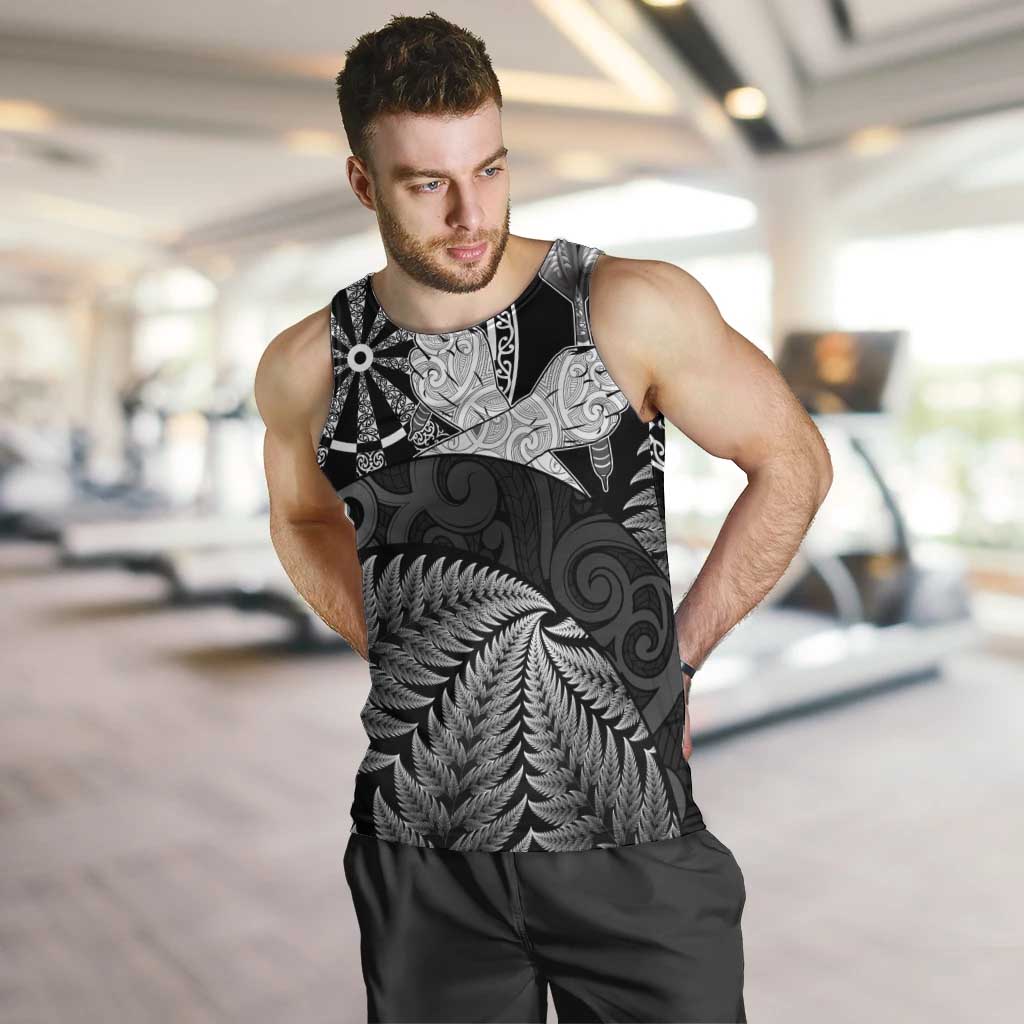 Personalised New Zealand Aotearoa Darts Masters Men Tank Top Silver Fern and Maori Spirit LT03 Black - Polynesian Pride