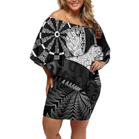 Personalised New Zealand Aotearoa Darts Masters Off Shoulder Short Dress Silver Fern and Maori Spirit LT03 Women Black - Polynesian Pride
