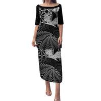 Personalised New Zealand Aotearoa Darts Masters Puletasi Silver Fern and Maori Spirit LT03 Long Dress Black - Polynesian Pride