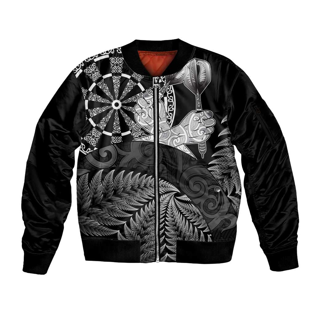 Personalised New Zealand Aotearoa Darts Masters Sleeve Zip Bomber Jacket Silver Fern and Maori Spirit LT03 Unisex Black - Polynesian Pride