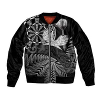 Personalised New Zealand Aotearoa Darts Masters Sleeve Zip Bomber Jacket Silver Fern and Maori Spirit LT03 Unisex Black - Polynesian Pride