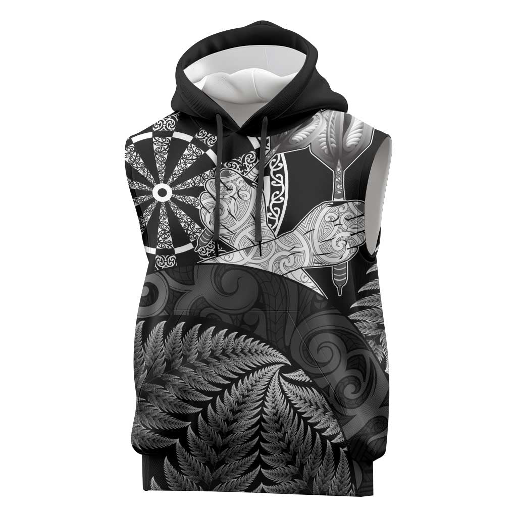 Personalised New Zealand Aotearoa Darts Masters Sleeveless Hoodie Silver Fern and Maori Spirit LT03 Black - Polynesian Pride