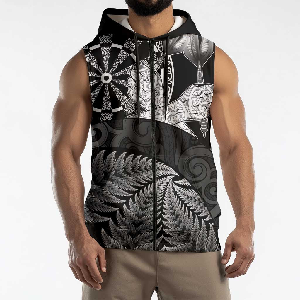 Personalised New Zealand Aotearoa Darts Masters Sleeveless Zip Hoodie Silver Fern and Maori Spirit LT03 - Polynesian Pride