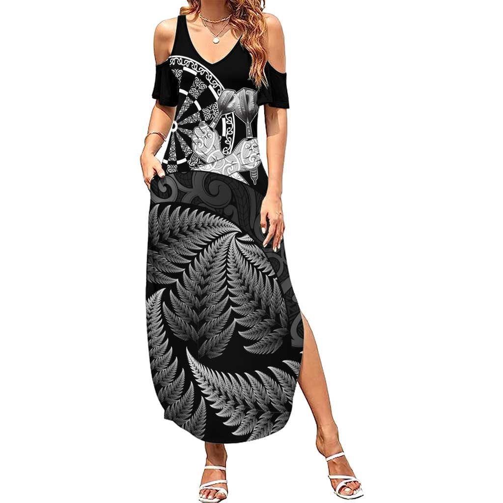 Personalised New Zealand Aotearoa Darts Masters Summer Maxi Dress Silver Fern and Maori Spirit LT03 Women Black - Polynesian Pride