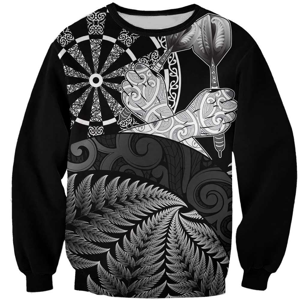 Personalised New Zealand Aotearoa Darts Masters Sweatshirt Silver Fern and Maori Spirit LT03 Unisex Black - Polynesian Pride