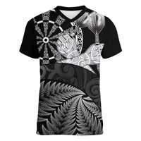 Personalised New Zealand Aotearoa Darts Masters Women V-Neck T-Shirt Silver Fern and Maori Spirit LT03 Female Black - Polynesian Pride
