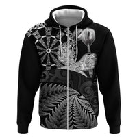 Personalised New Zealand Aotearoa Darts Masters Zip Hoodie Silver Fern and Maori Spirit LT03 Zip Hoodie Black - Polynesian Pride