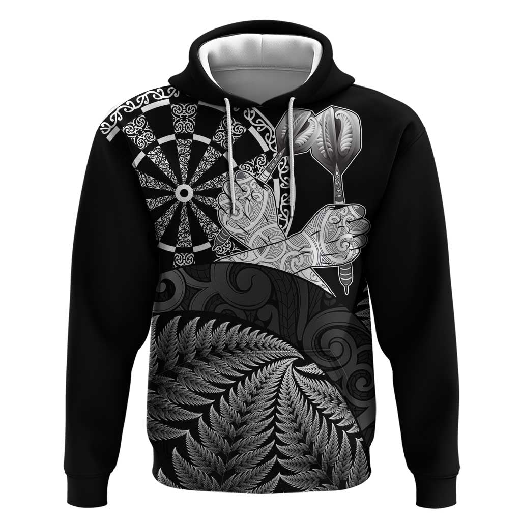 Personalised New Zealand Aotearoa Darts Masters Zip Hoodie Silver Fern and Maori Spirit LT03 Pullover Hoodie Black - Polynesian Pride