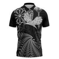 Personalised New Zealand Aotearoa Darts Masters Zipper Polo Shirt Silver Fern and Maori Spirit LT03 Black - Polynesian Pride