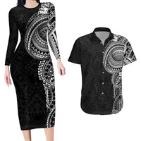Traditional Polynesian Art Tattoos Couples Matching Long Sleeve Bodycon Dress and Hawaiian Shirt Black Color LT03 Black - Polynesian Pride