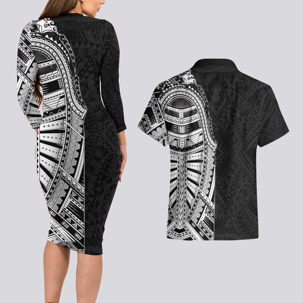 Traditional Polynesian Art Tattoos Couples Matching Long Sleeve Bodycon Dress and Hawaiian Shirt Black Color LT03 - Polynesian Pride