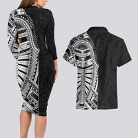 Traditional Polynesian Art Tattoos Couples Matching Long Sleeve Bodycon Dress and Hawaiian Shirt Black Color LT03 - Polynesian Pride
