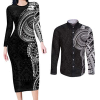 Traditional Polynesian Art Tattoos Couples Matching Long Sleeve Bodycon Dress and Long Sleeve Button Shirt Black Color LT03 Black - Polynesian Pride