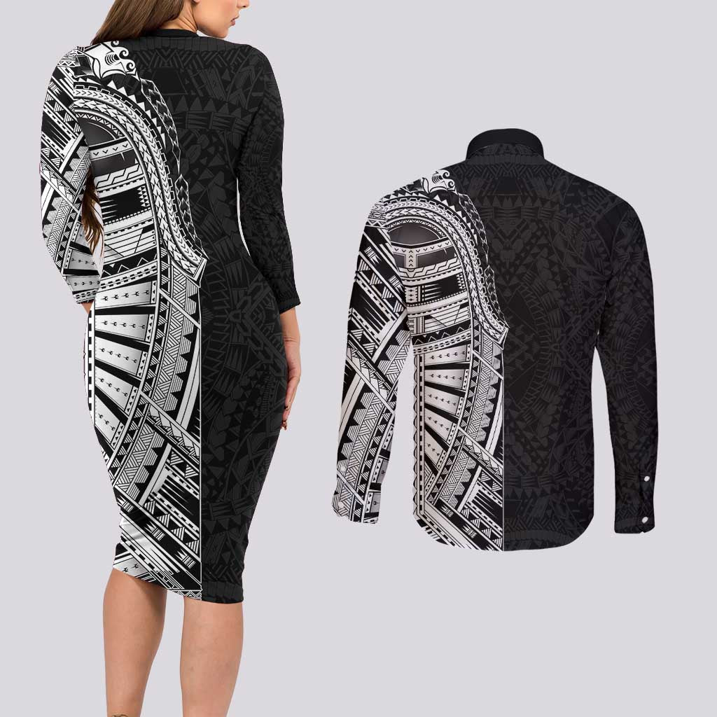 Traditional Polynesian Art Tattoos Couples Matching Long Sleeve Bodycon Dress and Long Sleeve Button Shirt Black Color LT03 - Polynesian Pride