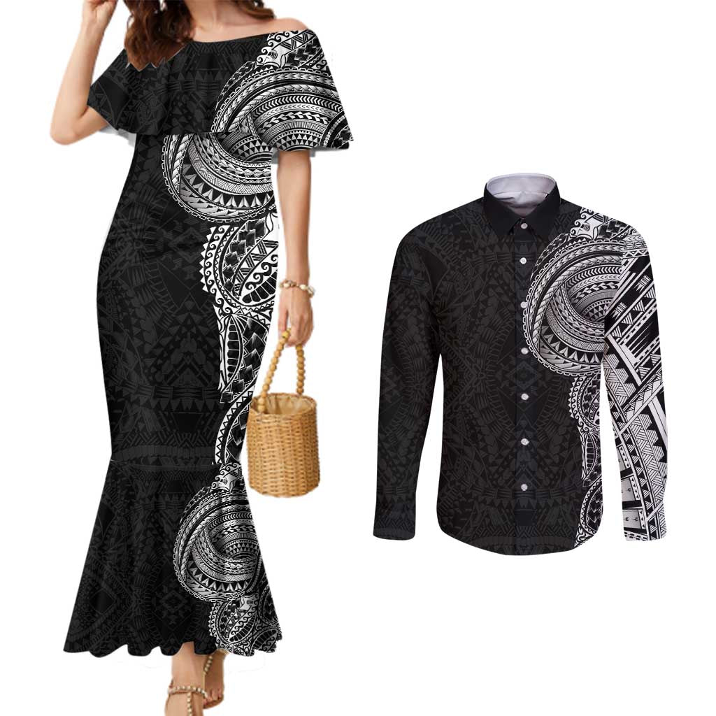 Traditional Polynesian Art Tattoos Couples Matching Mermaid Dress and Long Sleeve Button Shirt Black Color LT03 Black - Polynesian Pride