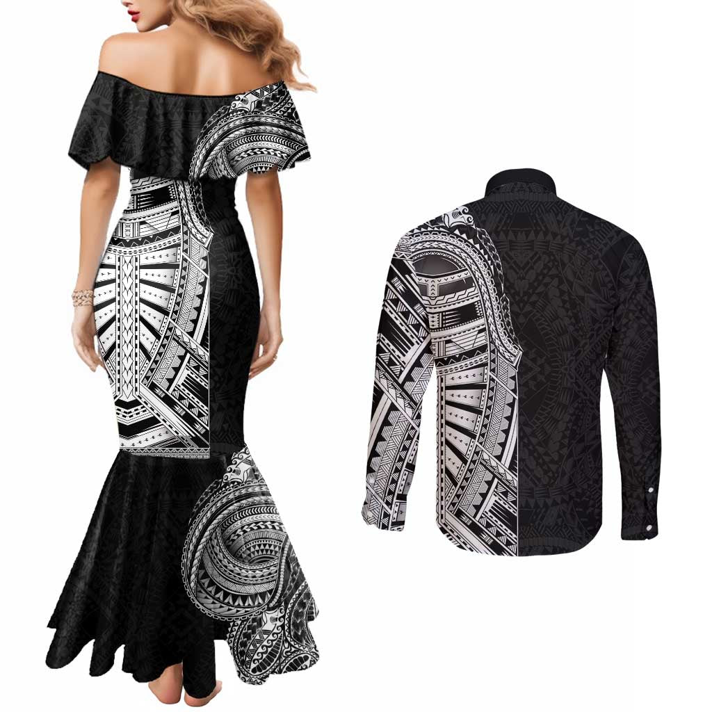 Traditional Polynesian Art Tattoos Couples Matching Mermaid Dress and Long Sleeve Button Shirt Black Color LT03 - Polynesian Pride