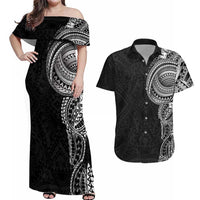 Traditional Polynesian Art Tattoos Couples Matching Off Shoulder Maxi Dress and Hawaiian Shirt Black Color LT03 Black - Polynesian Pride