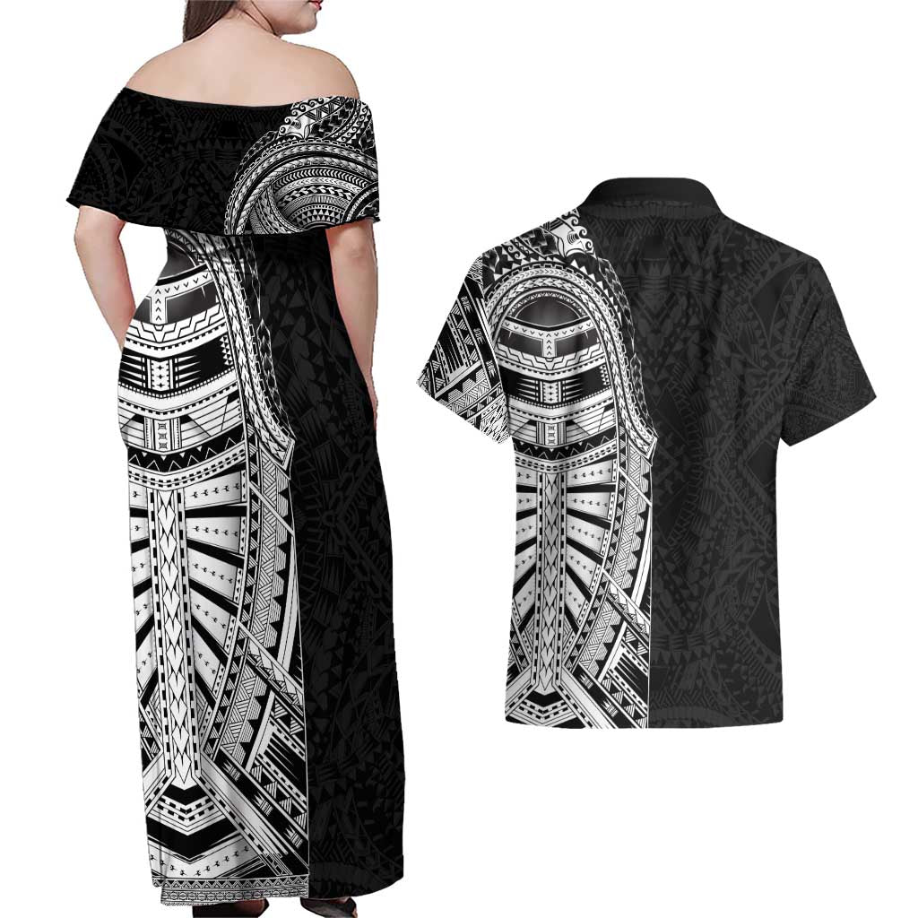 Traditional Polynesian Art Tattoos Couples Matching Off Shoulder Maxi Dress and Hawaiian Shirt Black Color LT03 - Polynesian Pride